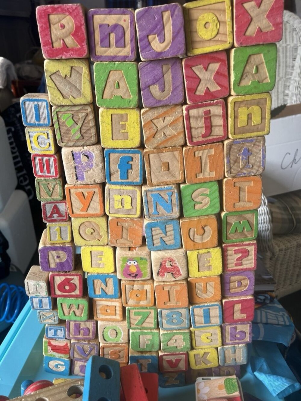 Vintage Wood ABC Blocks Letters Numbers Animals Lot 68+ Train Set Melissa & Dou